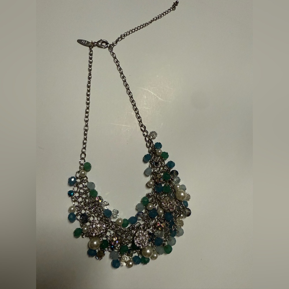 New York & Company Silver and Green Statement Necklace